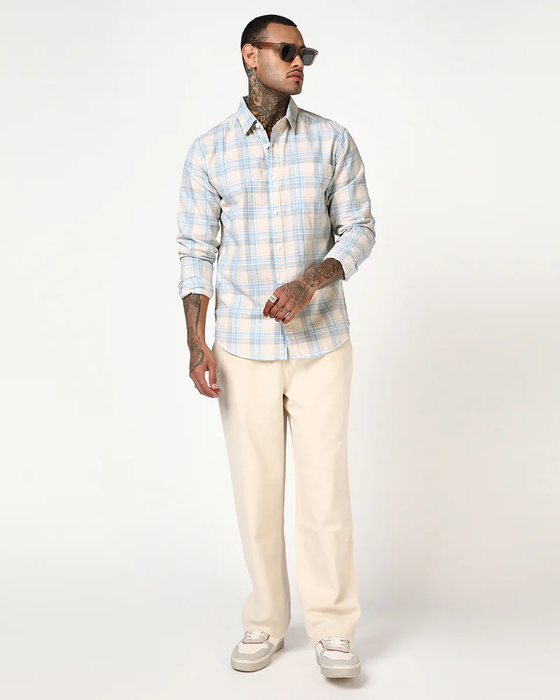 bewakoof  Men's White & Blue Checked Oversized Shirt  | Best Price UAE
